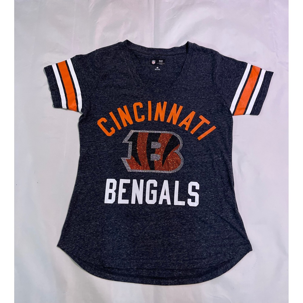 NFL Cincinnati Bengals Women's V Neck T Shirt Sparkle Logo Orange White Size M - Picture 3 of 13
